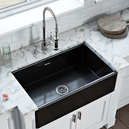 Ruvati 33"x20" Farmhouse Apron-Front Kitchen Sink Sgl Bowl, Gloss Black RVL2300BK
